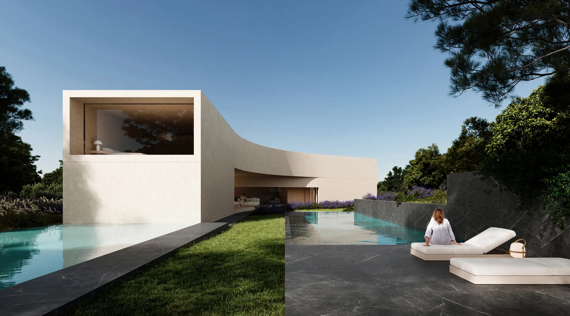 Exterior de villa moderna con fachada blanca, césped y piscina