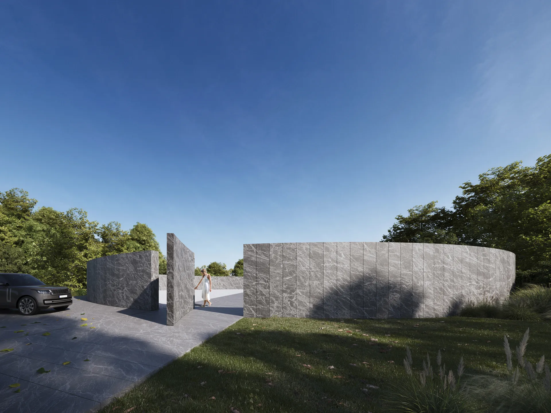 Render de la entrada de Villa Noon con fachada curva de piedra, césped y cielo azul