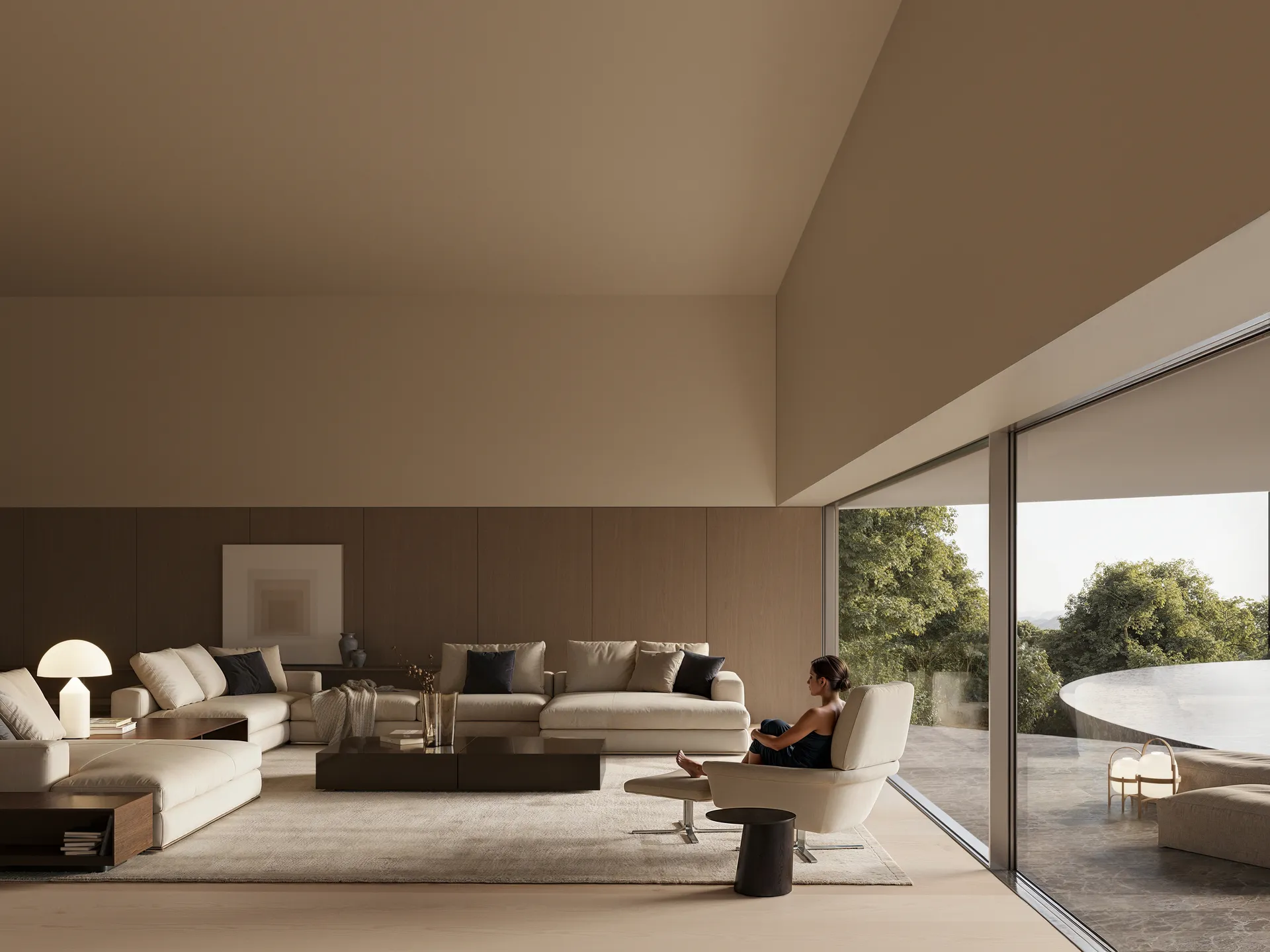 Render de salón diáfano con sofás, gran apertura a la terraza y vistas al jardín