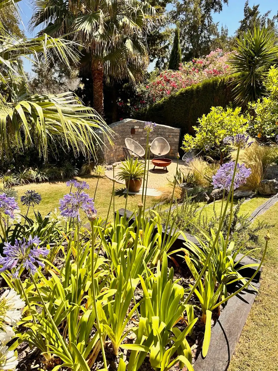 Landscaped garden with flowers, mature planting and outdoor seating