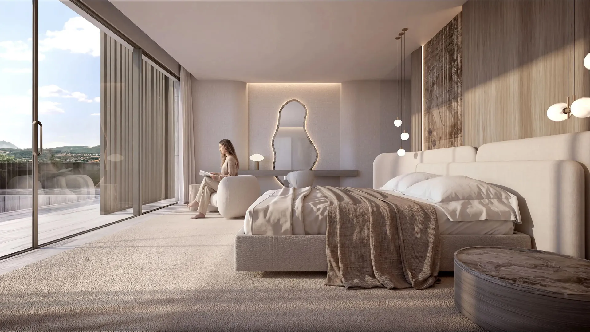 Suite principal con cama, ventanales de suelo a techo y vistas a la terraza