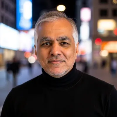 Middle-aged man with gray hair and beard wearing a black turtleneck sweater, standing outdoors in a city at night with blurred lights in the background.