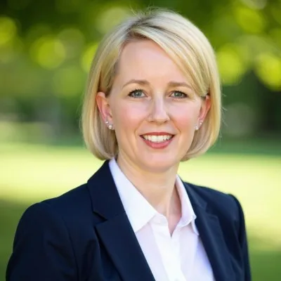 Smiling blonde woman wearing a white shirt and dark blazer with a blurred green outdoor background.