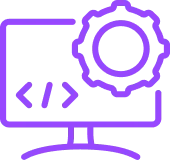 Purple icon of a computer monitor displaying code brackets with a gear symbol behind it.