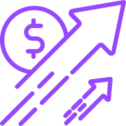 Two purple arrows pointing upward, one large and one small, with a dollar sign coin behind the large arrow symbolizing financial growth.