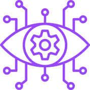Purple line art of an eye with a gear inside and circuit lines extending outward, symbolizing technology and vision.