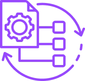 Purple line icon showing a document with a gear and linked nodes connected in a circular flow with arrows.