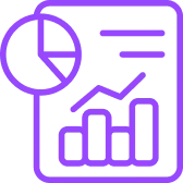 Purple icon of a document with a pie chart, bar graph, and line chart representing data analysis.