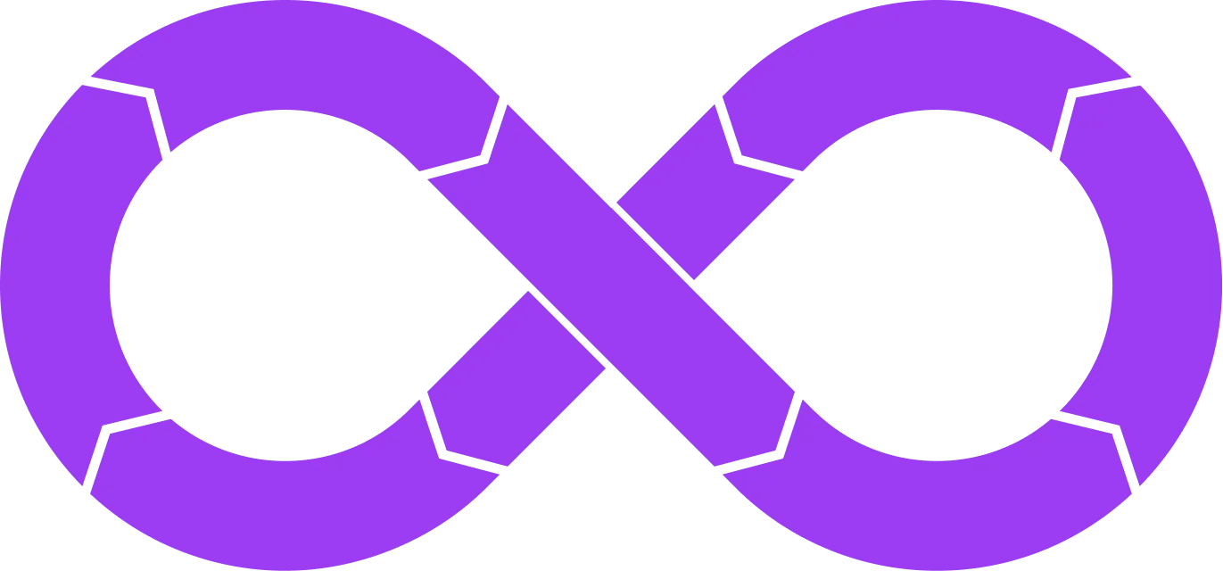 Purple infinity symbol composed of segmented, interlocking shapes with black outlines.