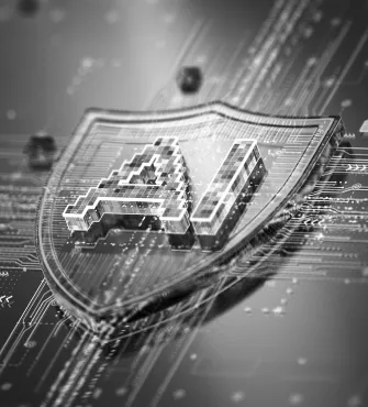 3D shield with pixelated letters 'AI' surrounded by digital circuitry representing AI security.