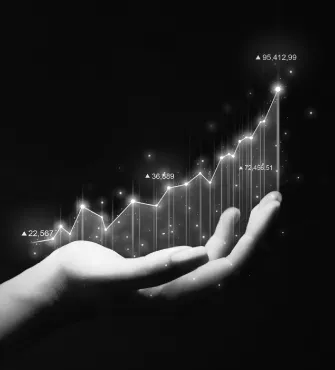 Hand holding a glowing upward trending line graph with data points labeled 22,567, 36,689, 72,465.1, and 95,412.99.
