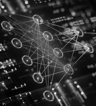 Abstract digital network with interconnected nodes and circuit board background in monochrome.
