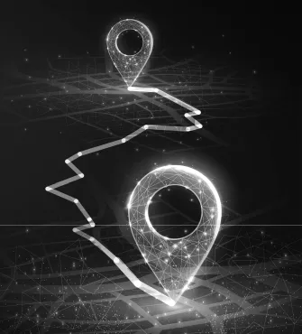 Digital map with glowing polygonal location pins connected by a zigzagging path.