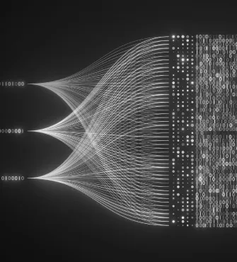 Abstract digital visualization showing binary data streams converging and transforming into complex patterns of dots and binary code on a dark background.
