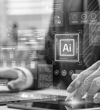 Hands with a stylus working on a tablet with floating AI and technology interface graphics.