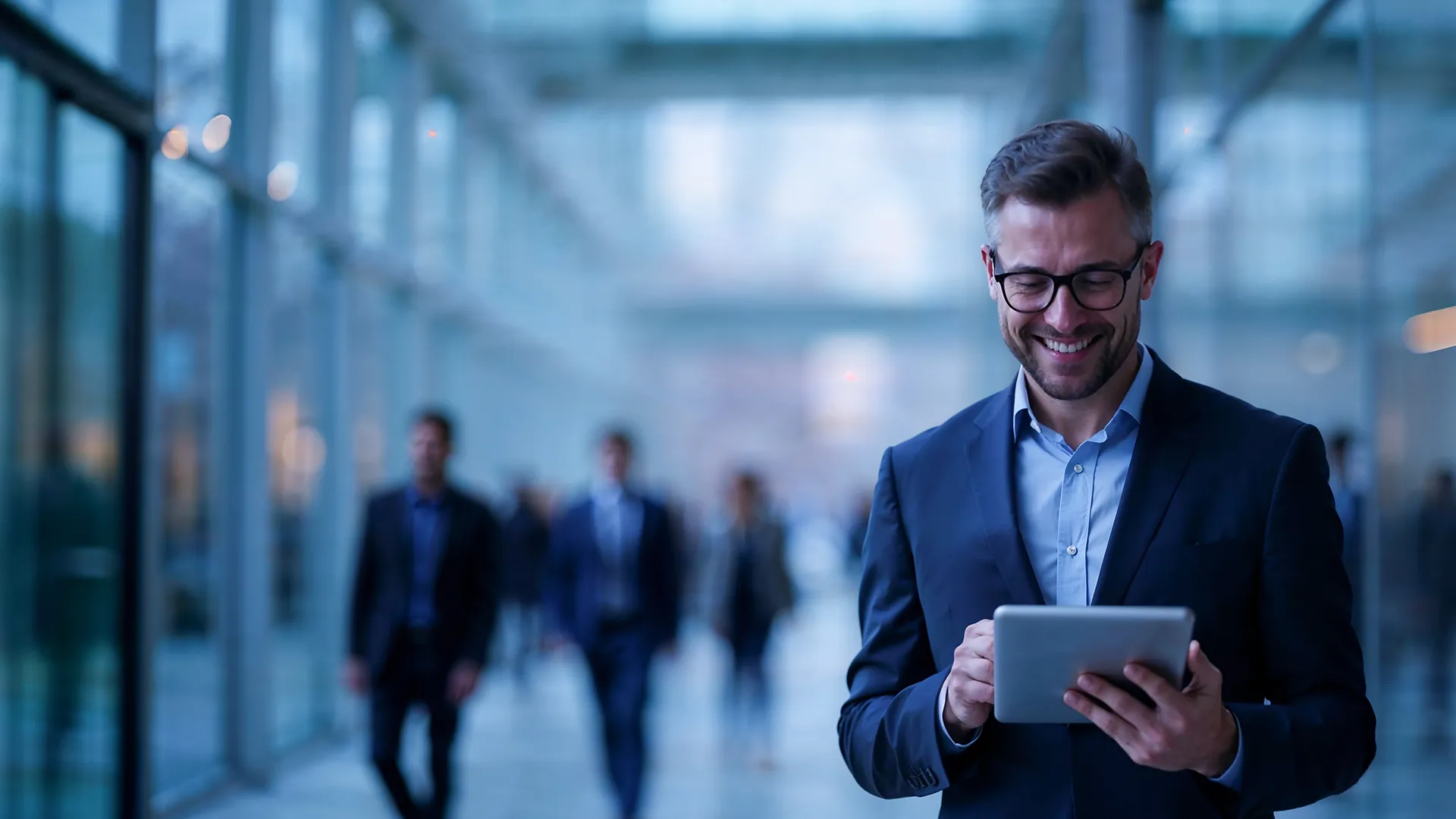 Smiling businessman in glasses using a digital tablet in a modern office hallway.