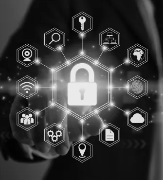 Digital padlock icon surrounded by cybersecurity-related icons including key, network, globe, fingerprint, cloud, documents, location, gears, user group, wifi, webcam, and magnifying glass, over a blurred person in a suit.