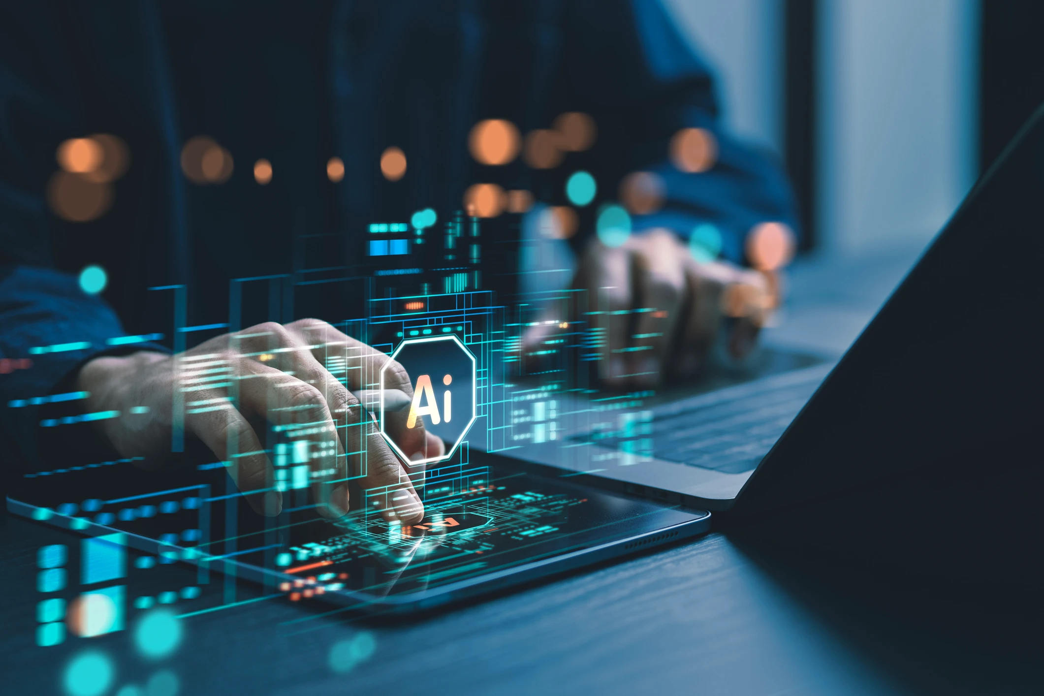 Person interacting with a tablet and laptop with digital AI and data interface graphics overlay.