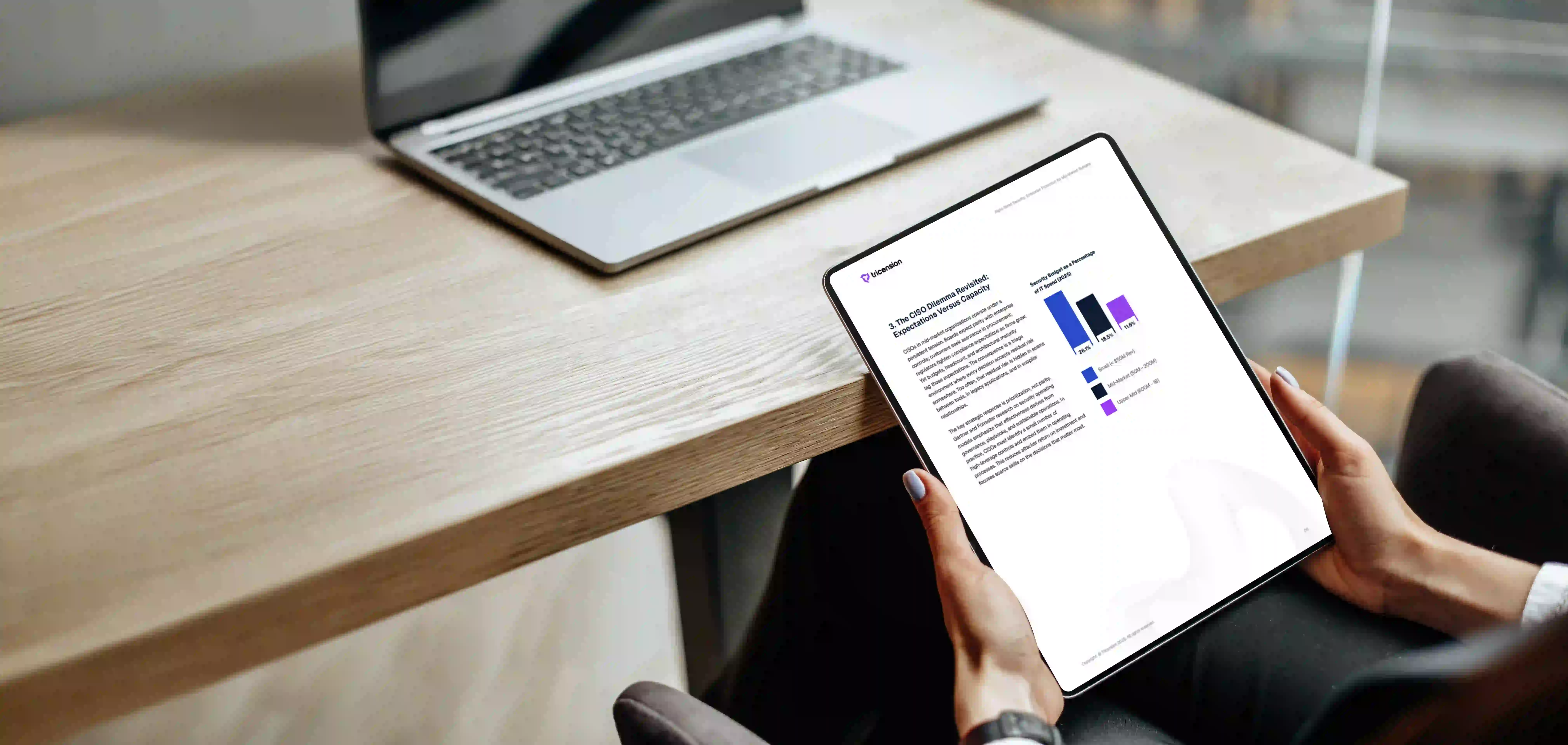 Person holding a tablet displaying a report with a bar chart titled 'The CISO Dilemma Revisited: Expectations Versus Capacity'.