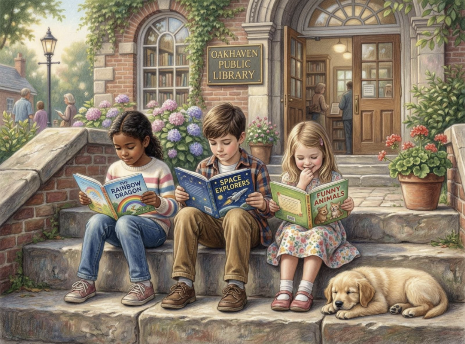 Children sitting on steps reading together