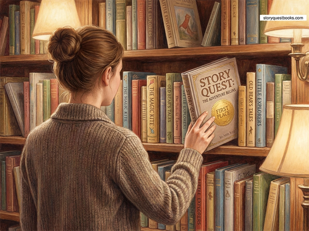 Woman picking out a story quest book in a library with a first place award