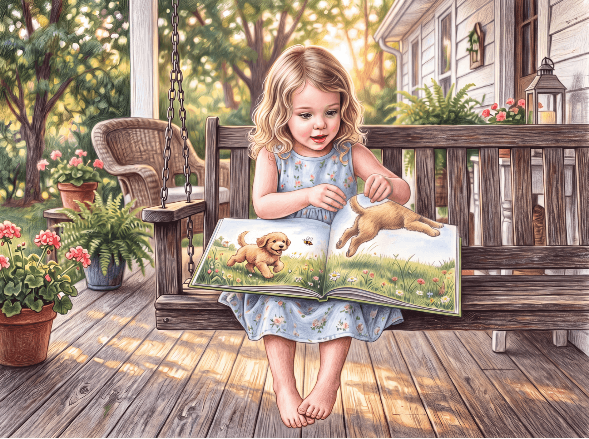 Picture book spread designed to pull the reader toward the page-turn