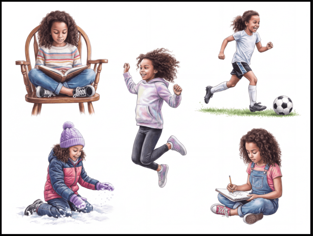 Character design reference sheet showing a children's book character in multiple poses