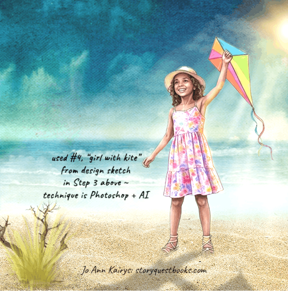 Girl in a floral dress flying a rainbow kite on the beach, illustrated with a Photoshop and AI hybrid technique