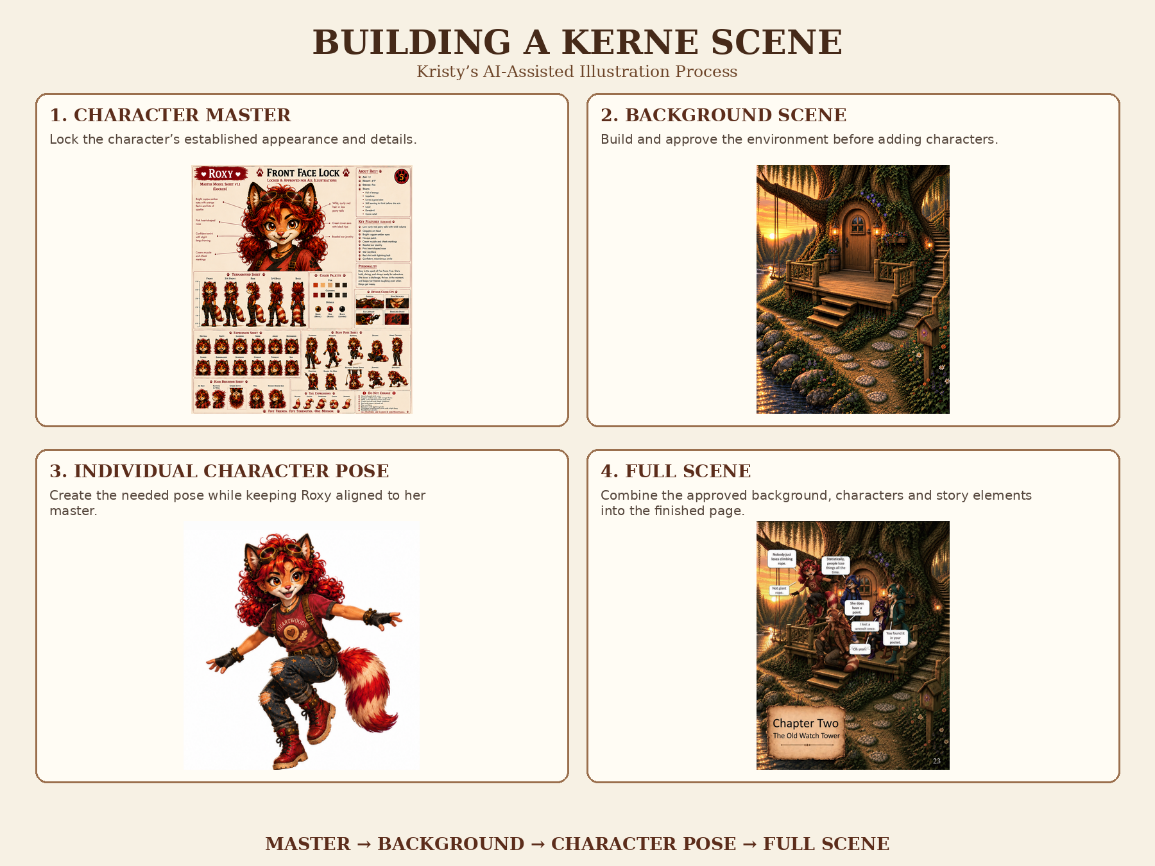 Building a KERNE scene in four steps: character master, background scene, individual character pose, and full scene