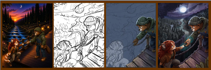 KERNE illustration progression from AI-assisted concept to hand-drawn sketch, color development, and final human illustration