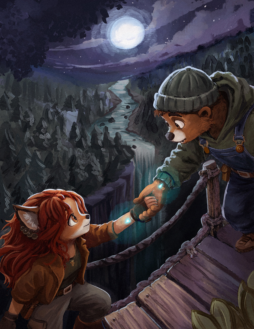Final hand-drawn KERNE illustration: a bear in a knit cap reaches down to help Roxy onto a rope bridge under a full moon