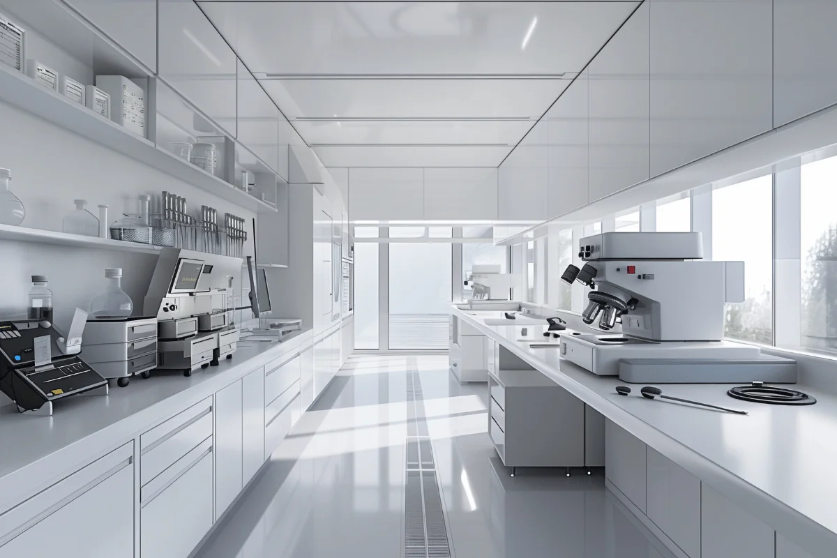 A modern, bright laboratory with sleek white counters, specialized equipment, and large windows allowing natural light to stream in.