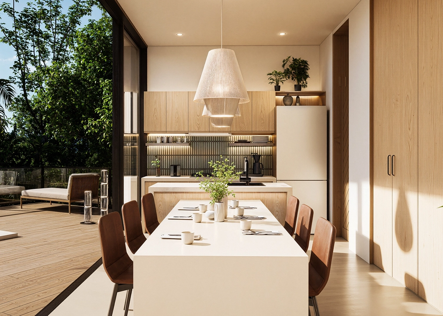 View of the dining and kitchen area with a spacious opening to the private pool.