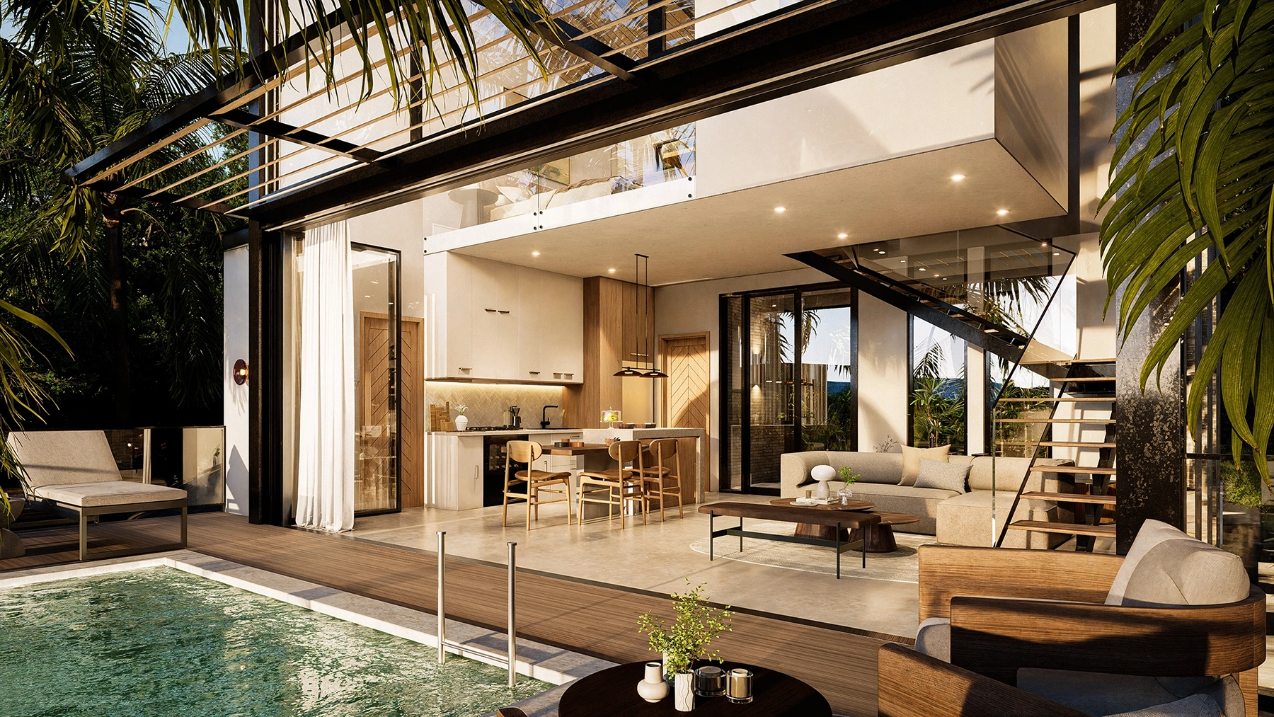 View from the pool and into the living and kitchen area of an Elevated Villa.