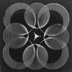 Black and white abstract geometric pattern with five interconnected circular spirals radiating from a central triangular shape.