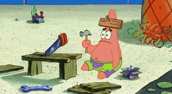 Patrick Star trying to build a bench