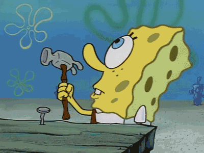 Spongebob Squarepants apprehensively hammering a nail