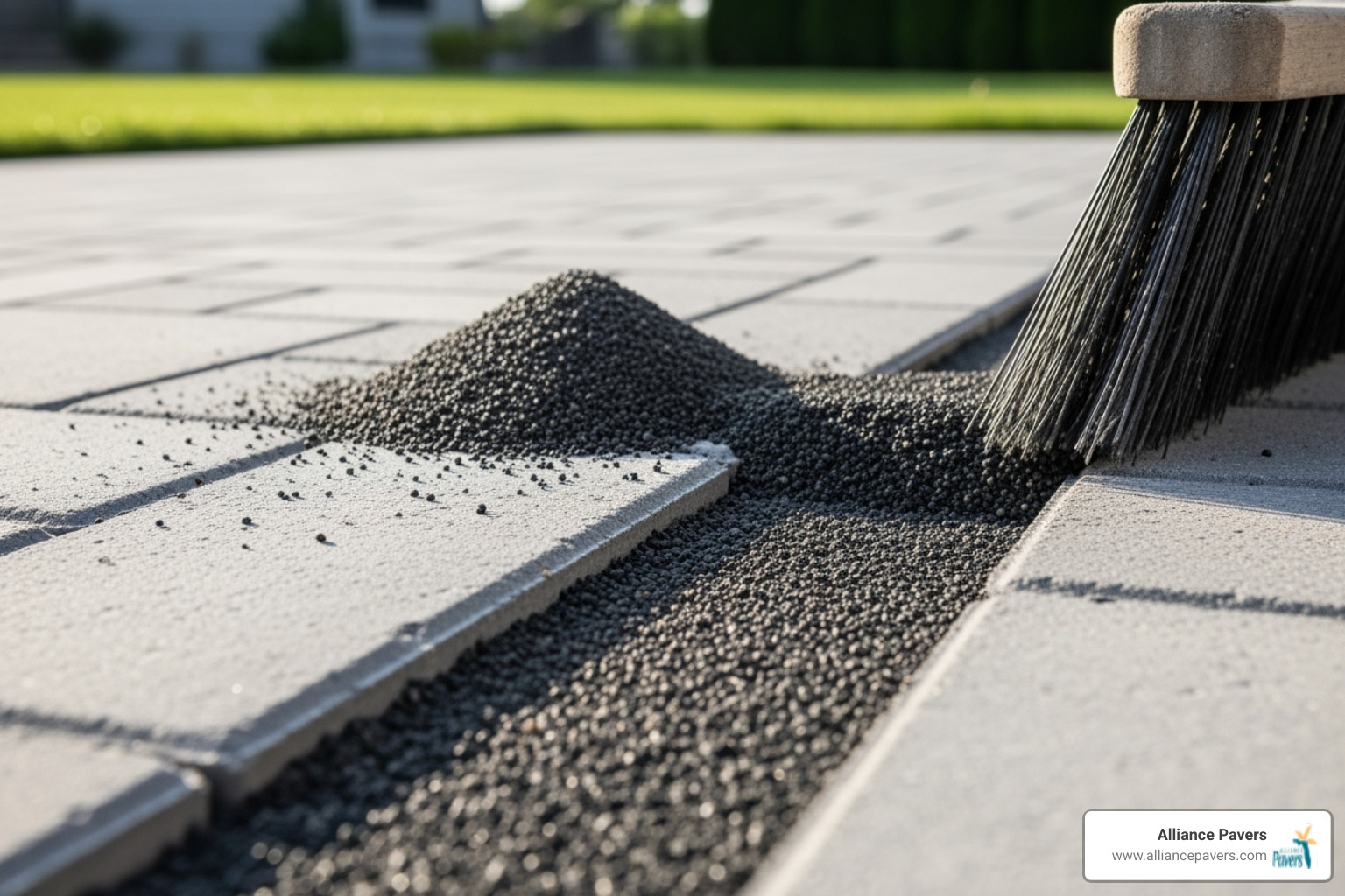 polymeric sand being swept into paver joints - Stone Patio Installation