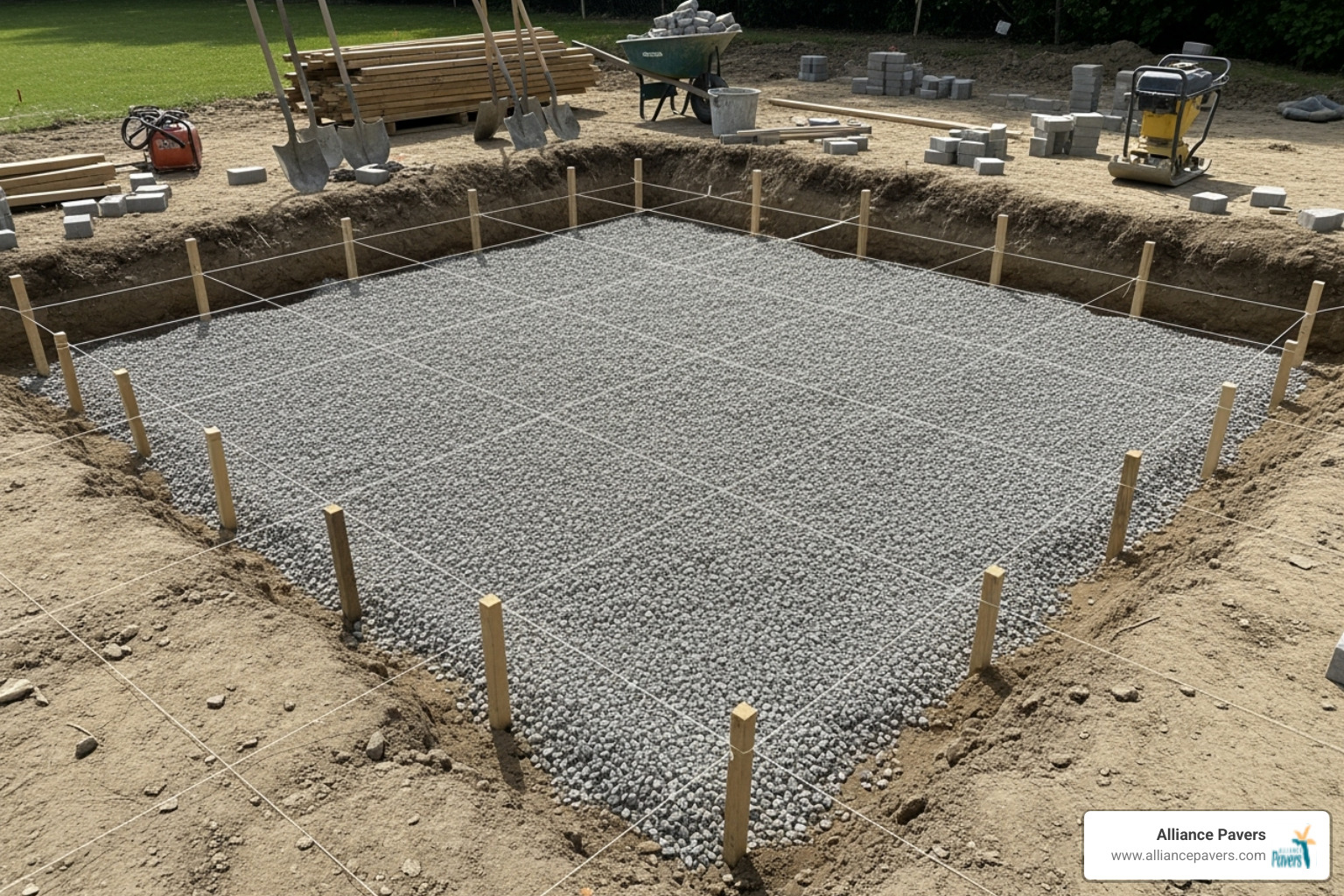 properly excavated and graded area with stakes and string lines - Stone Patio Installation