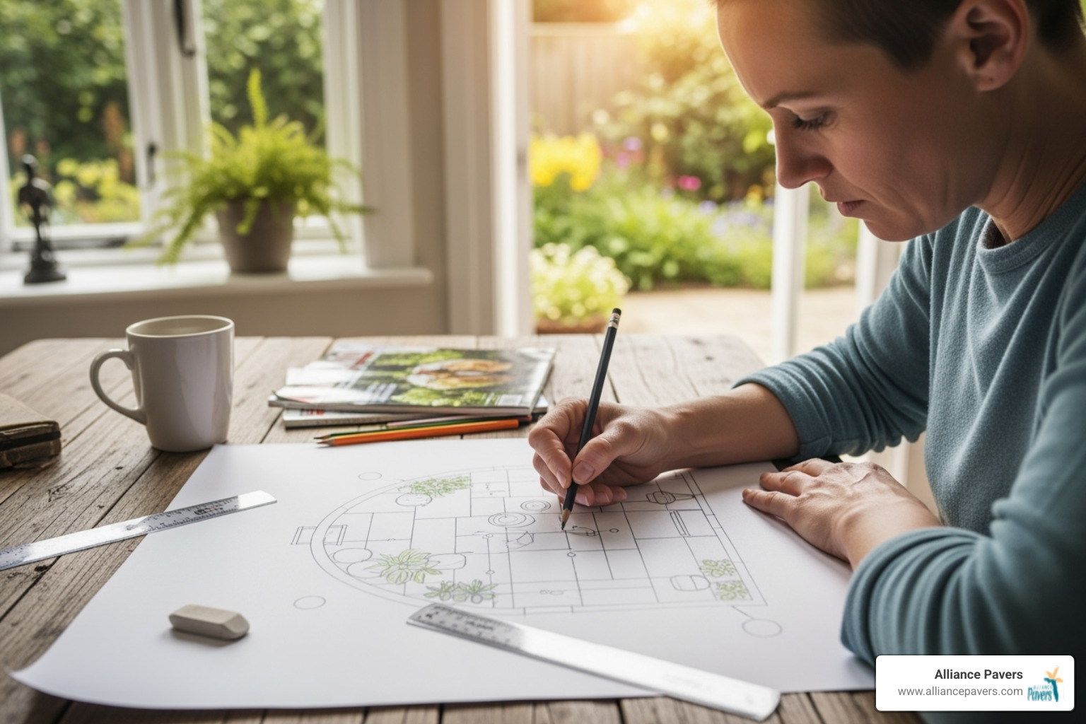 homeowner sketching patio design - paver patio