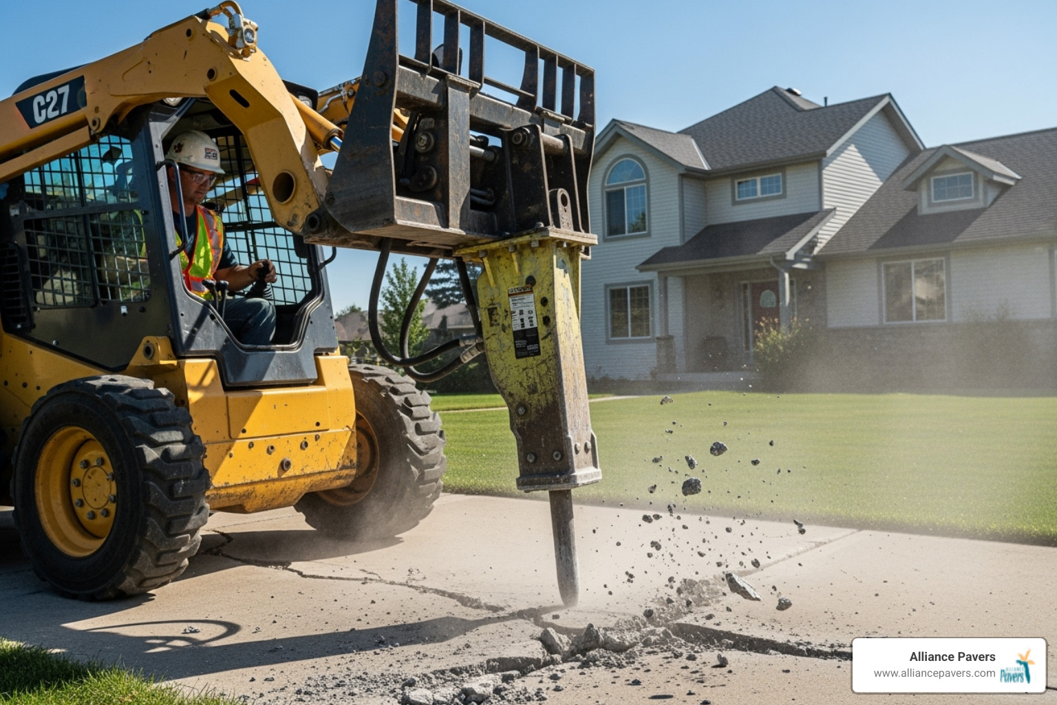 a skid-steer breaking up an old driveway - driveway removal and replacement