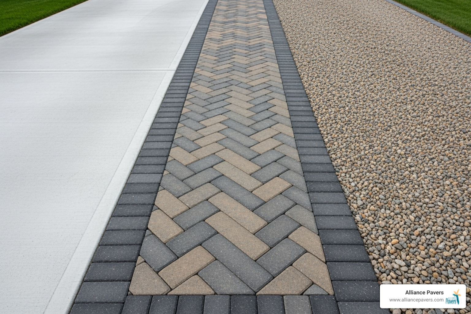 three different driveway material types: concrete, pavers, and gravel - driveway removal and replacement