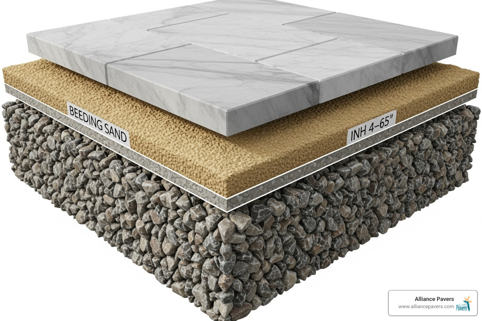 Image showing a cross-section of a proper paver base with layers of gravel, sand, and the paver on top. - Outdoor marble pavers