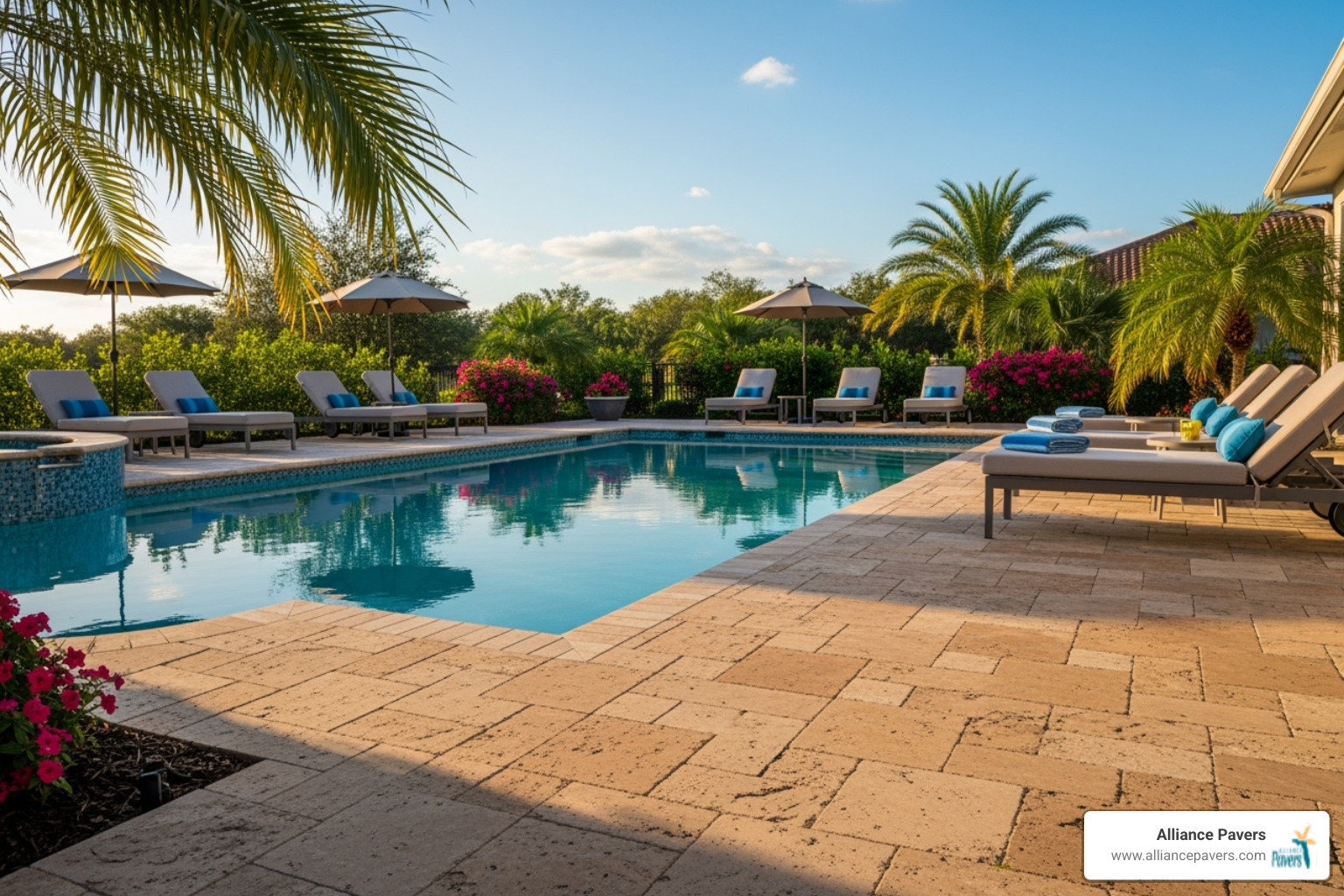 A beautiful travertine paver pool deck with lounge chairs - custom pool decks