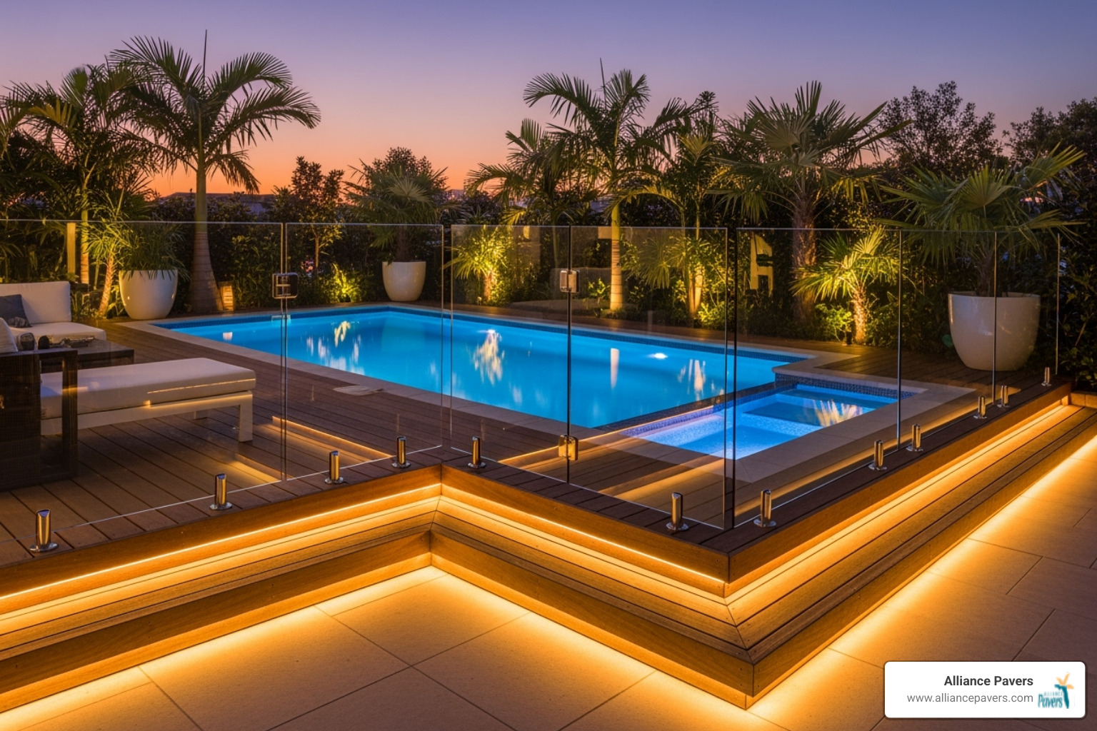 A pool deck with integrated lighting and a secure fence - custom pool decks
