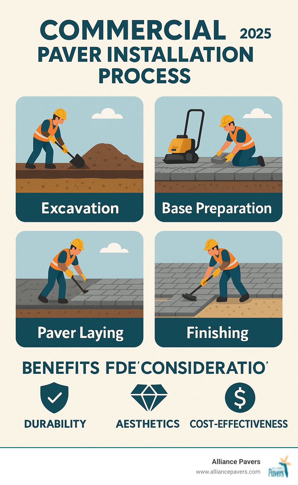Commercial paver installation process showing excavation, base preparation, paver laying, and finishing steps with benefits of durability, aesthetics, and cost-effectiveness over time - Commercial Paver Services infographic