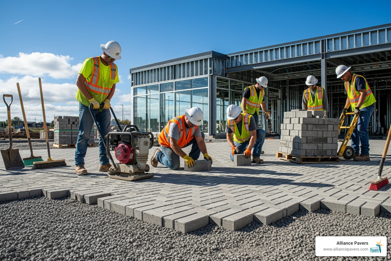 Professional crew installing pavers on a prepared sub-base - Commercial Paver Services