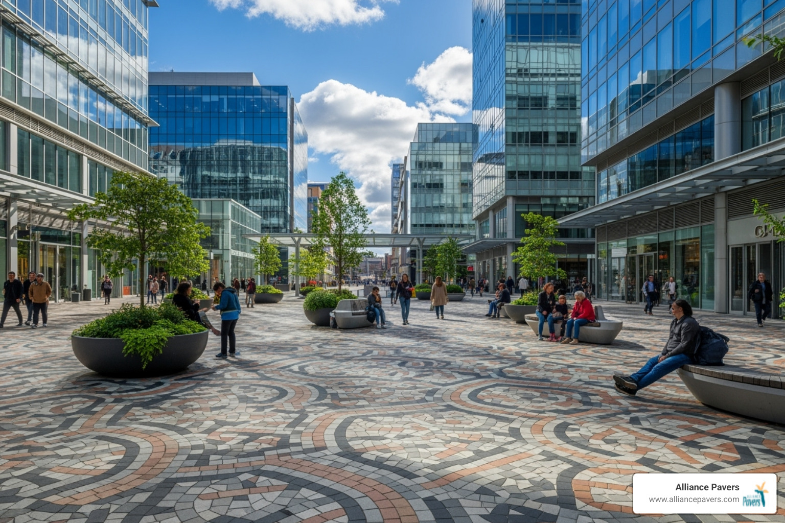 Modern commercial plaza with a unique paver pattern - Commercial Paver Services