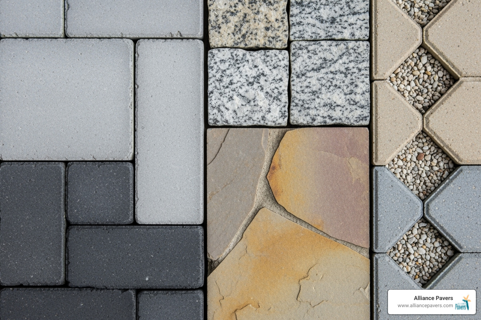 close-up showing different paver materials like concrete, natural stone, and permeable pavers - commercial hardscape solutions