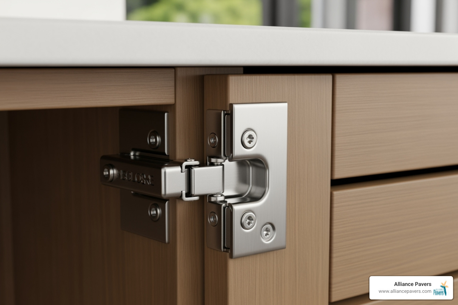 Close-up of high-quality stainless steel soft-close hinges on an outdoor cabinet - outdoor kitchen cabinets